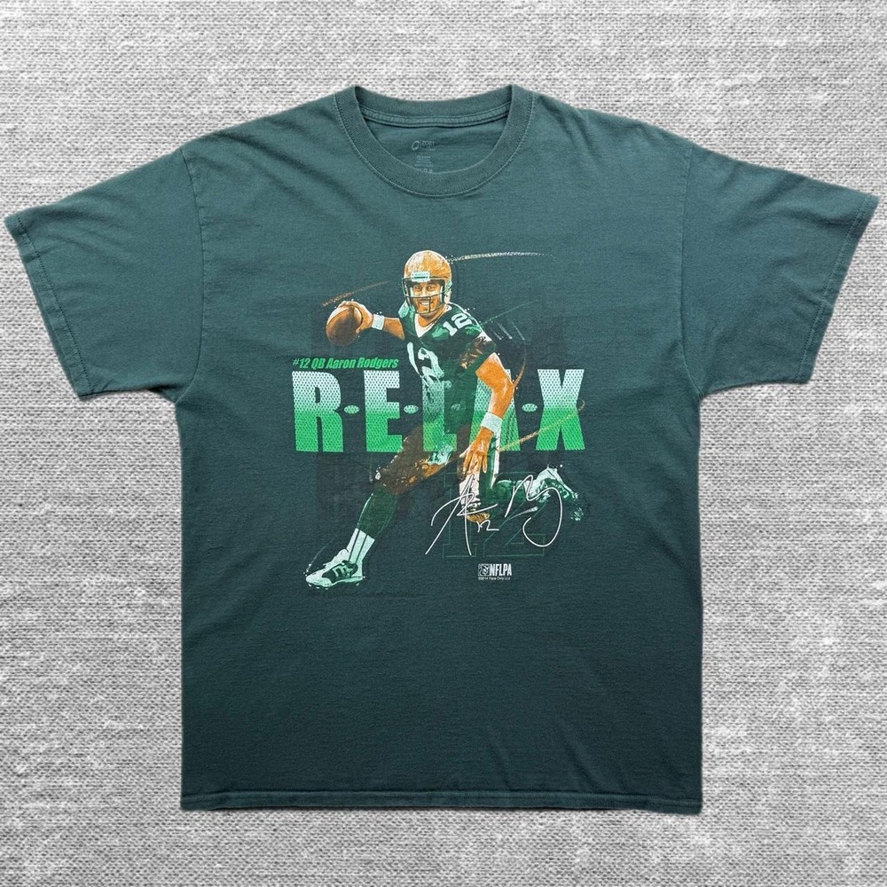 Vintage 2014 Aaron Rodgers Packers RELAX Graphic NFL Football Tee Green XL